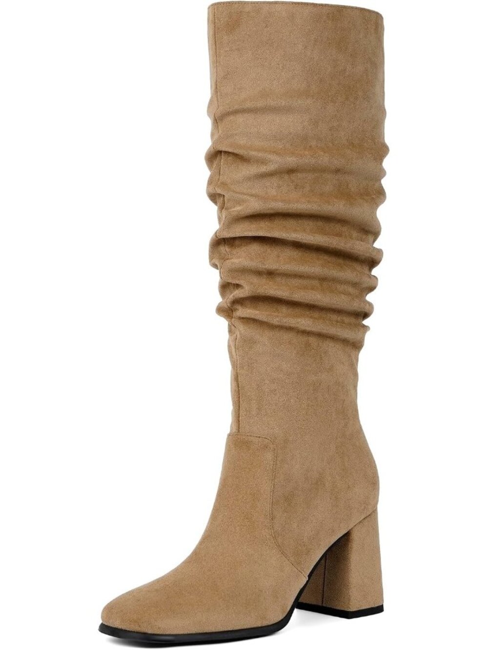 Women's Khaki Suede Square Toe Chunky Heel Side Zipper Knee High Gogo Boot Shoes